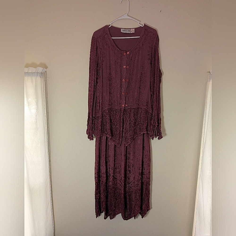 Bedford Fair Blouse & Skirt Set 1X‎ Plum Embroidered Crochet Boho Festival Vtg